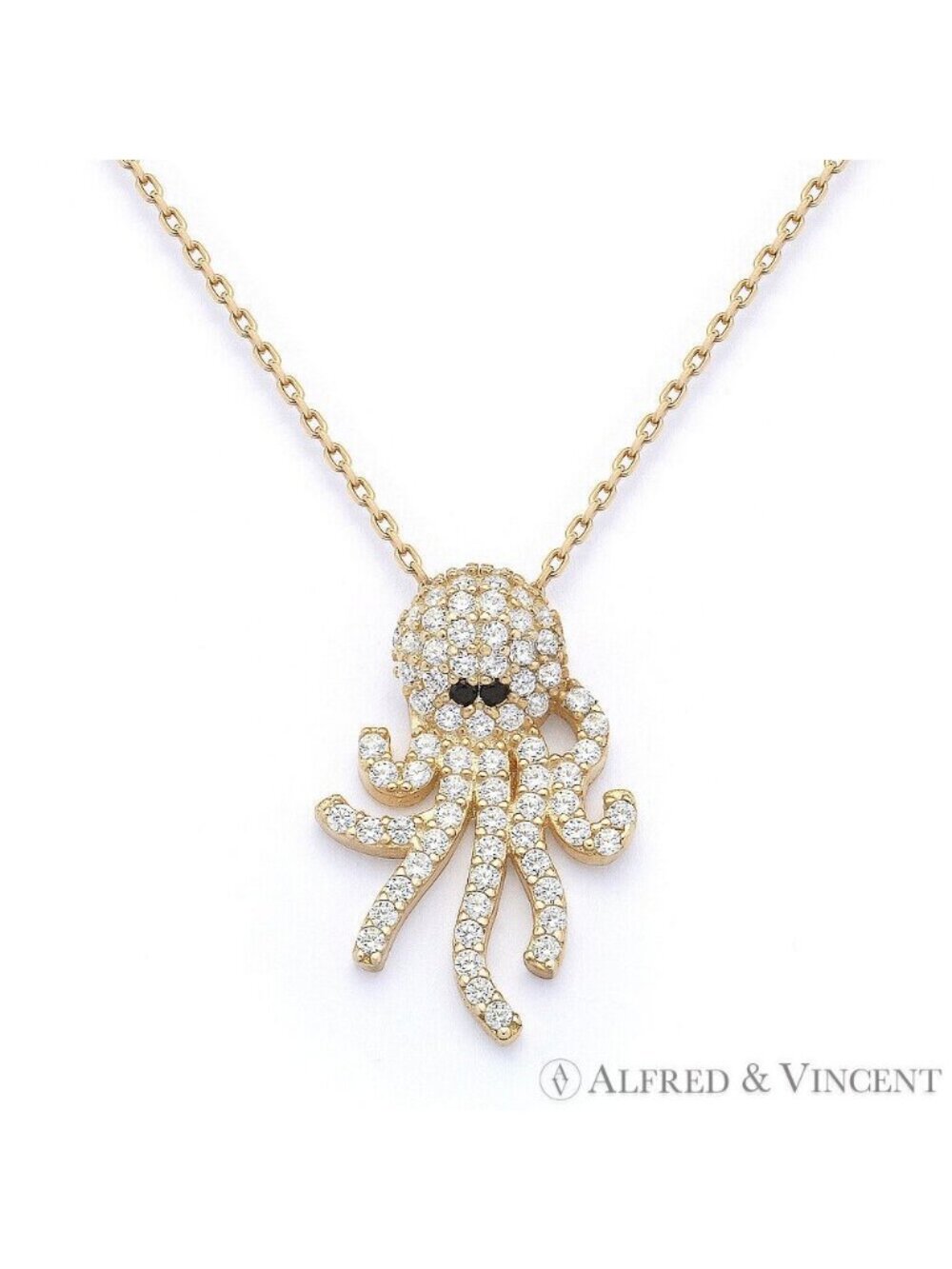 Octopus Charm CZ Crystal Pendant in .925 Sterling Silver w/ 18k Yellow Gold